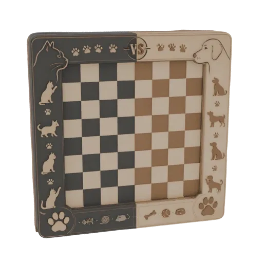 Modelo 3D de tabuleiro de xadrez Gato vs Cachorro com ilustrações detalhadas de animais nas bordas.