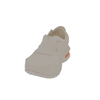 A 3D render of a light gray slip-on sneaker, viewed from a slightly elevated side angle, showcasing its modern design and neu