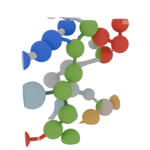 Modello 3D High Poly Catena Stile Proteico, rendering studio ravvicinato, mostra sfere colorate, layout molecolare.