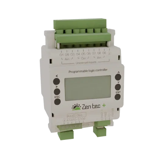 3D model of a ZenTec+ Programmable Logic Controller with an LCD screen, navigation buttons, and green terminal blocks.