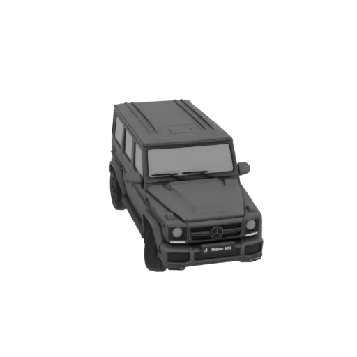 Ein 3D-Modell eines dunkelgrauen Mercedes-Benz G-Klasse SUVs, von leicht erhöhter vorne-rechter Ansicht.