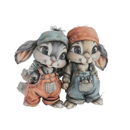 3D model of two cute cartoon bunnies wearing colorful overalls and bandanas, with large expressive eyes.