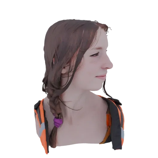 3D model of a young girl with braided brown hair, wearing an orange and black vest, shown in profile view.