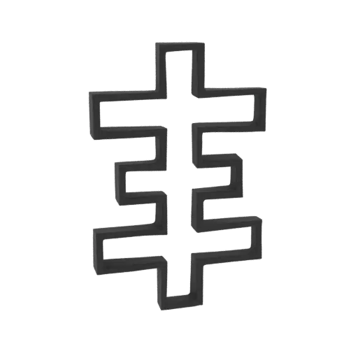 A 3D model of an abstract geometric sculpture with interlocking, angular black shapes against a white background.