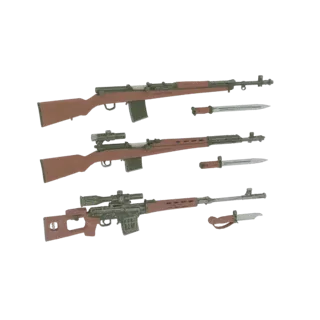Rendering modello 3D di tre distinti fucili da cecchino epoca WWII con baionette, che mostrano calci in legno marrone e canne
