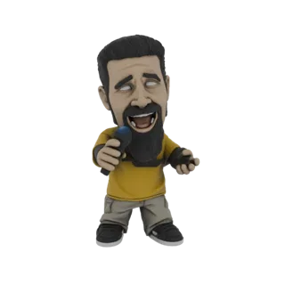 Modello 3D di un Serj Tankian in stile chibi che canta in un microfono, indossa una maglietta gialla e pantaloni cargo.