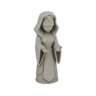 Un modelo 3D de una figura de oráculo vendado con túnica con capucha, manos extendidas en un gesto místico.