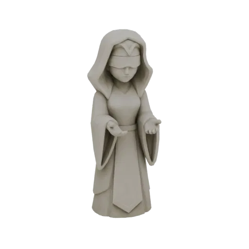 Un modèle 3D d'une figure d'oracle aveugle portant une robe à capuche, mains tendues dans un geste mystique.