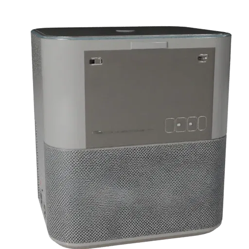 Compact Smart Speaker Product Viz 3D model, home interior, three-quarter studio product render, plastic detail.
