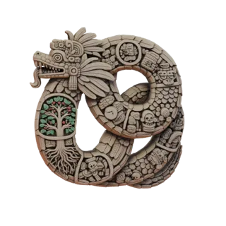 3D model of a coiled Aztec serpent deity with intricate carvings of skulls and a colorful Tree of Life, rendered in a stone-l