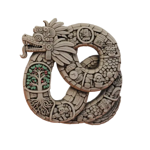 3D model of a coiled Aztec serpent deity with intricate carvings of skulls and a colorful Tree of Life, rendered in a stone-l