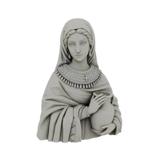 Renderização de modelo 3D de uma mulher antiga com cabelos trançados, usando um colar ornamentado e vestes drapeadas, seguran