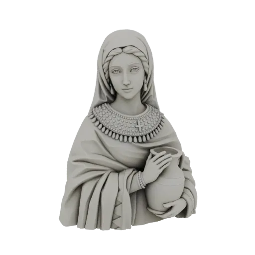 3D model render of an ancient woman with braided hair, wearing an ornate necklace and draped robes, holding a jug.