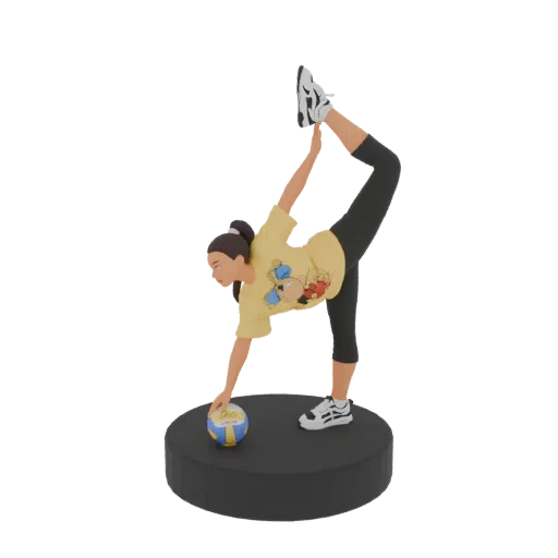 3D model of a female gymnast in a one-handed handstand pose, reaching for a volleyball on a black circular base.