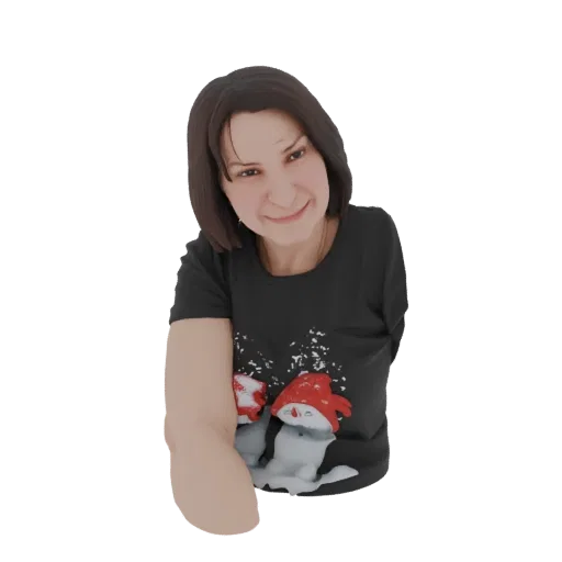 3D-Modell einer Frau mit kurzen braunen Haaren, lächelnd, trägt schwarzes T-Shirt mit Schneemann-Aufdruck.