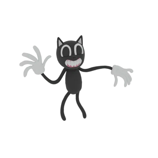 3D model of Cartoon Cat character with a wide grin, black body, white gloves, waving with one hand.