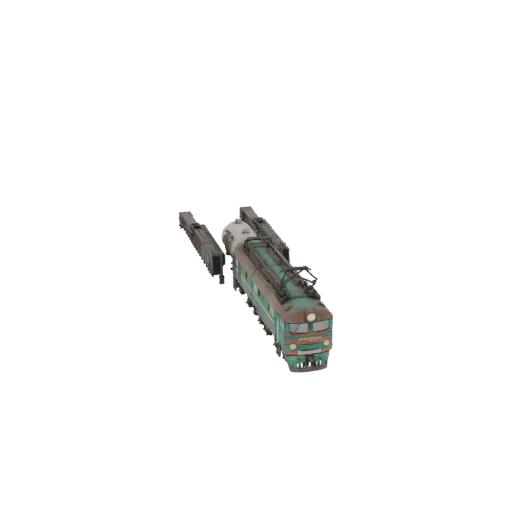 3D model of a vintage green and cream electric locomotive pulling two grey freight cars, viewed from a slightly elevated angl