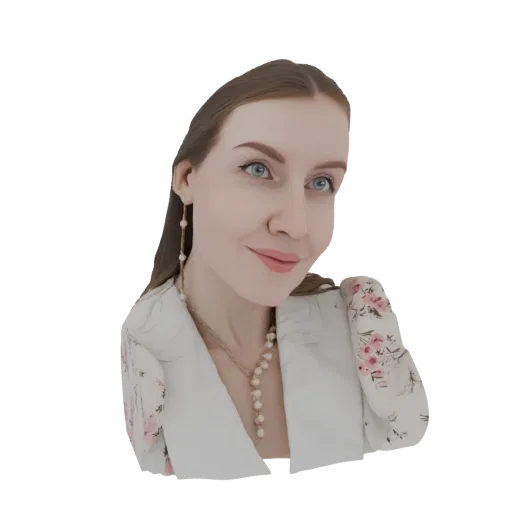 3D model of an elegant woman with blue eyes, wearing a pearl necklace and dangling pearl earrings, and a floral-patterned jac