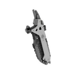 Modelo 3D de herramienta multifuncional con alicates y hoja abiertos, mostrando su construcción detallada.