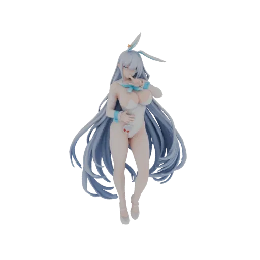 3D model of a bunny girl with long, flowing light blue hair, wearing a white bunny-themed outfit, in a playful pose.