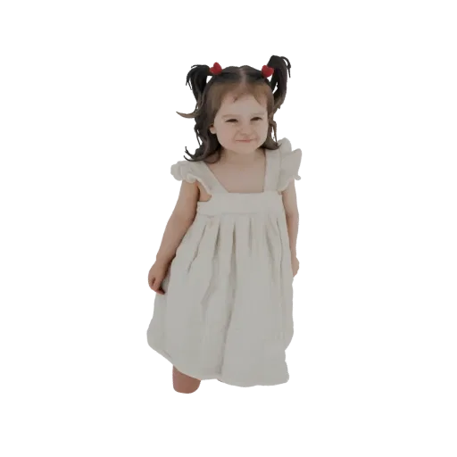 3D model of a smiling toddler girl with brown hair in pigtails, wearing a light dress and red bows.