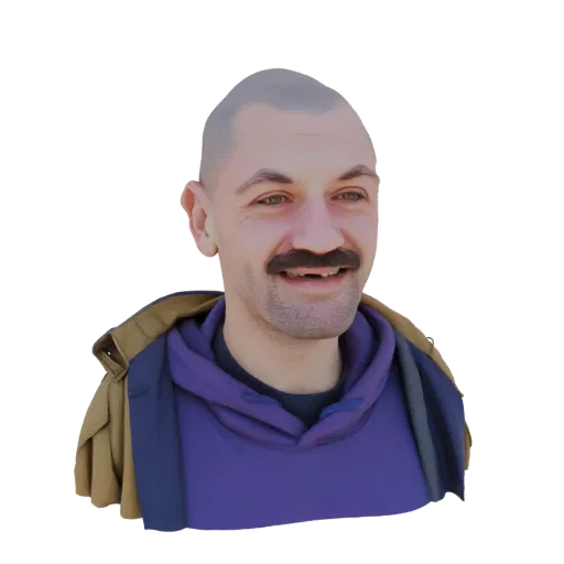 Modèle 3D d'un homme avec une moustache, portant un sweat à capuche violet et une veste beige, sur fond blanc.