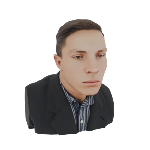 3D model render of a man wearing a black suit jacket and a blue and white striped shirt, facing slightly to the right.