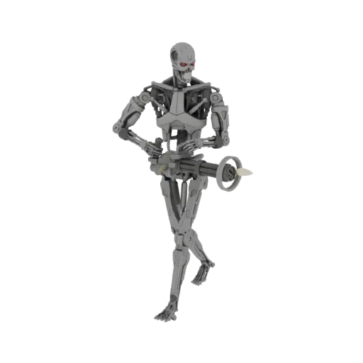 3D model of a T-800 Terminator with red eyes, holding a minigun, in a dynamic pose against a white background.