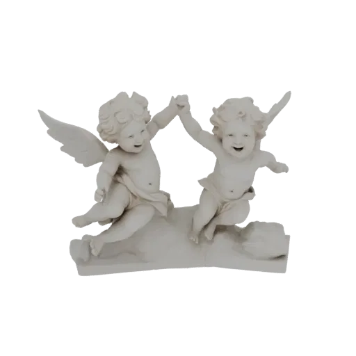 3D model of two cherubs with wings, holding hands and playing joyfully, rendered in a marble-like texture.