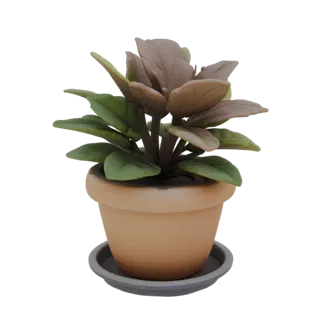 Modelo 3D de una planta en maceta con hojas marchitas verdes y marrones, renderizada en estilo arcilla, en maceta de terracot