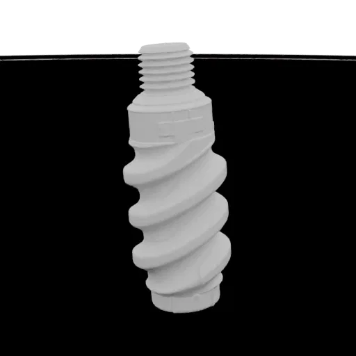 A 3D render of a white screw with a threaded top and a body featuring prominent spiral flutes, set against a black background