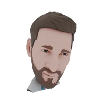 Stylized 3D model of Lionel Messi as a bobblehead, featuring his signature hairstyle and beard, wearing a football jersey.