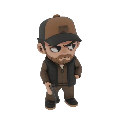 3D render of a chibi soldier character with a brown cap, dark vest, and pistol, presented on a white background.
