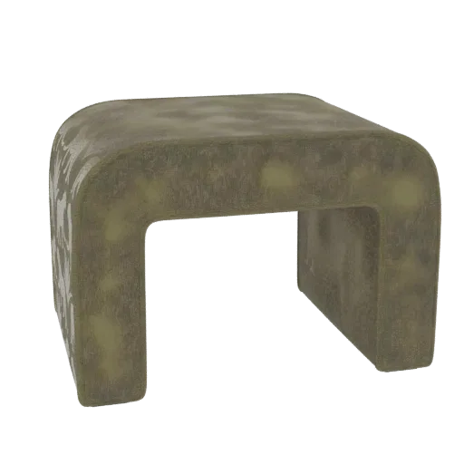 3D model of a U-shaped stool with a textured, slightly distressed surface and faint patterned details, presented on a white b