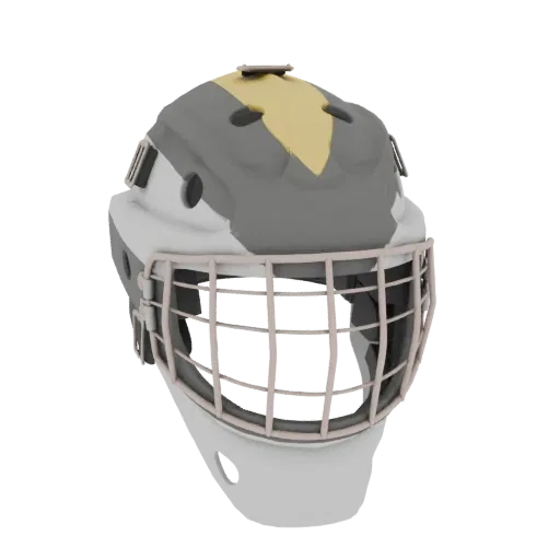 3D model of a hockey goalie mask with a white, grey, and yellow color scheme and a protective cage.
