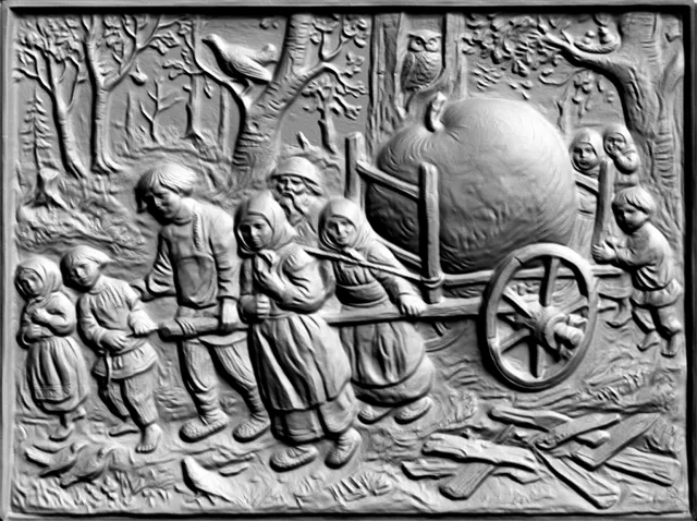 3D model of a bas-relief showing a peasant family pulling a harvest cart, with a bird and owl on trees.
