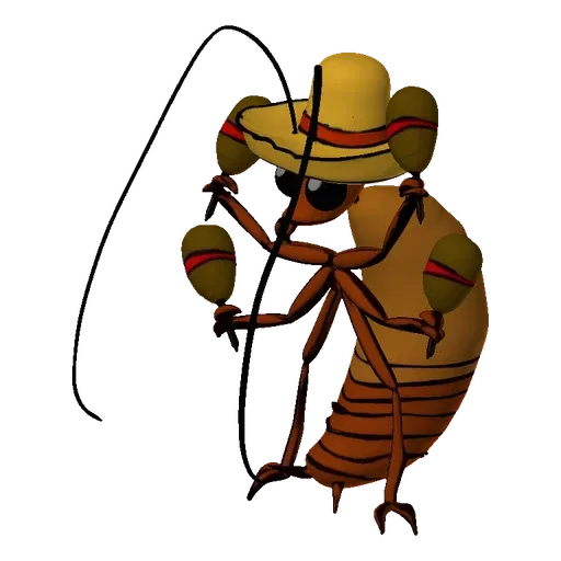 A 3D render of a brown cockroach wearing a yellow sombrero and holding two maracas, depicted in a lively pose.