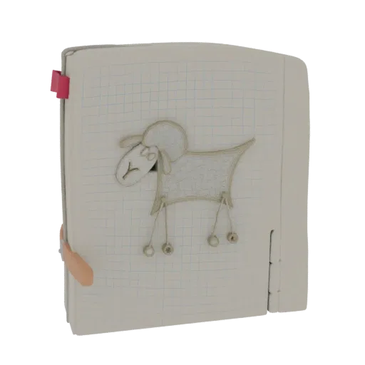 3D model of a notebook cover with a cute sheep applique on graph paper texture, featuring pink and peach accents.