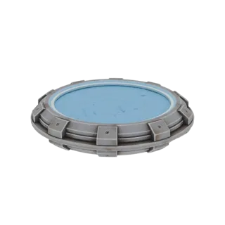 3D model of a futuristic circular landing pad with a glowing blue energy core and metallic plating, set against a black backg
