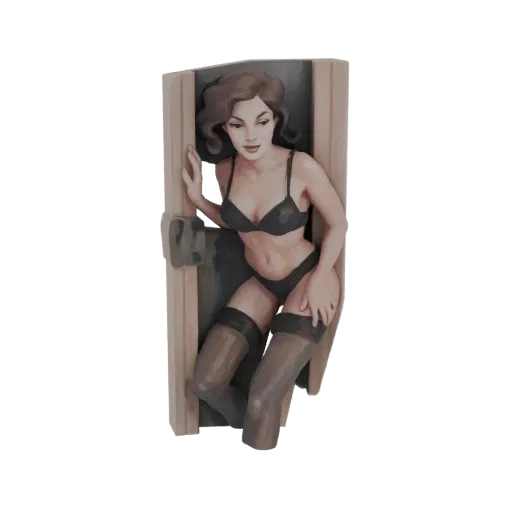 3D model render of a pin-up girl in black lingerie emerging from a textured wall, with soft waves in her hair.