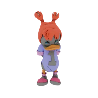 Ein 3D-Rendering eines traurigen Entencharakters in einem lila Trikot mit der Nummer '1' und orangefarbenem Haar, der auf ros