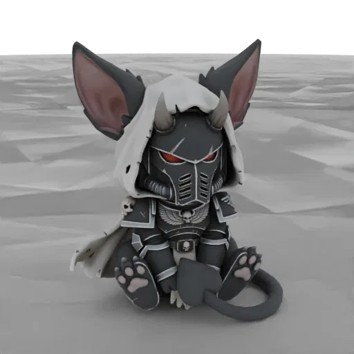 3D model of a cute chibi cat wearing dark Space Marine armor, a white hood, and small horns, sitting on a sandy surface.