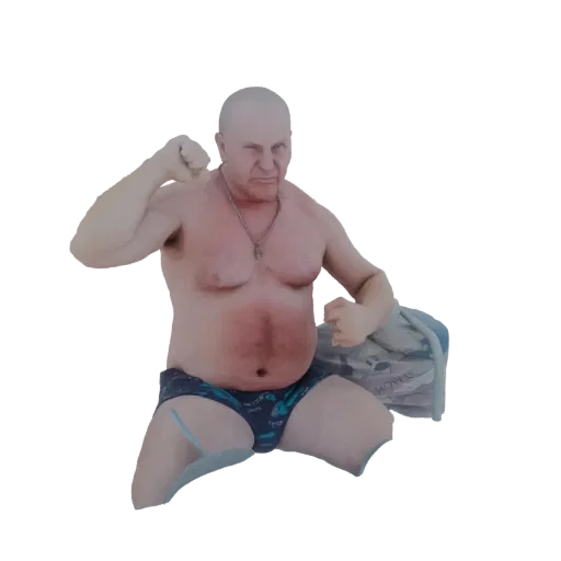3D model of a muscular man with a determined expression, wearing blue swim trunks and a necklace, striking a powerful pose.