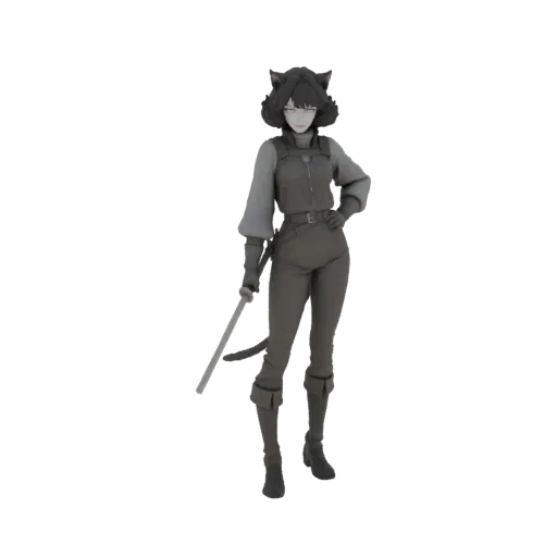 3D model of an anime cat girl warrior with black hair, cat ears, and a katana, standing in a dynamic pose.