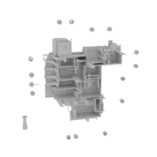 3D model of a complex, multi-level futuristic modular building section with internal structures and walkways, rendered in gra