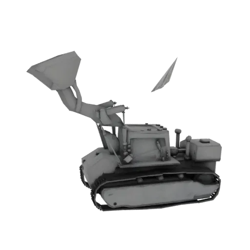 3D model of a grey, untextured crawler excavator with its bucket arm raised, set against a white background.