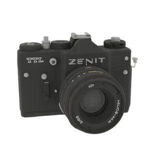 A detailed 3D model of a black Zenit TTL 35mm film camera with a Helios-44M lens, shown against a black background.