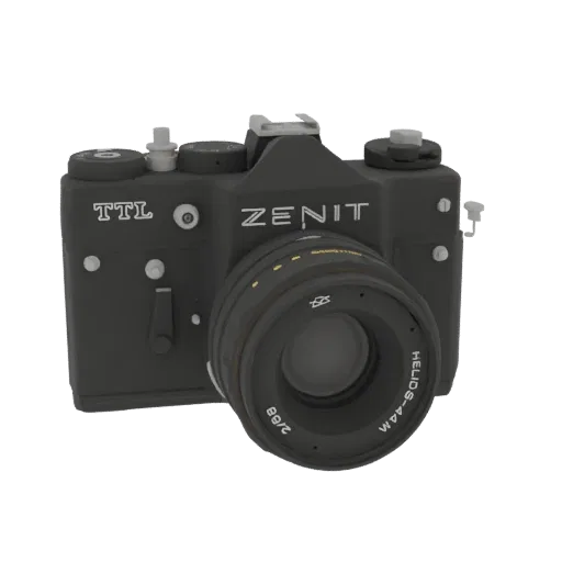 A detailed 3D model of a black Zenit TTL 35mm film camera with a Helios-44M lens, shown against a black background.