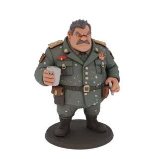 3D model of a colonel in military uniform, holding a faceted glass and cigarette, on a round base, front three-quarter view