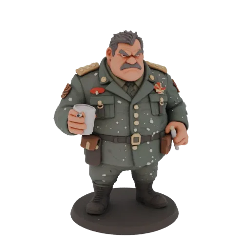 3D model of a colonel in military uniform, holding a faceted glass and cigarette, on a round base, front three-quarter view